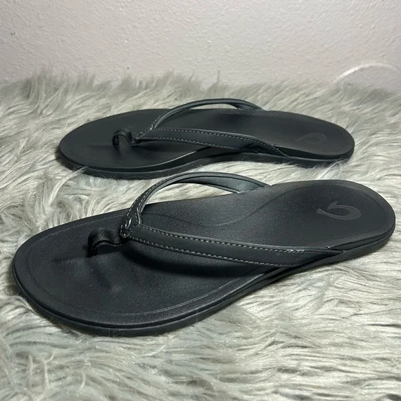 Olukai Ho'opio Sandal-Onyx/Onyx Toe Post Sandals Black Flip Flop Sandals Size 9 - Picture 4 of 10